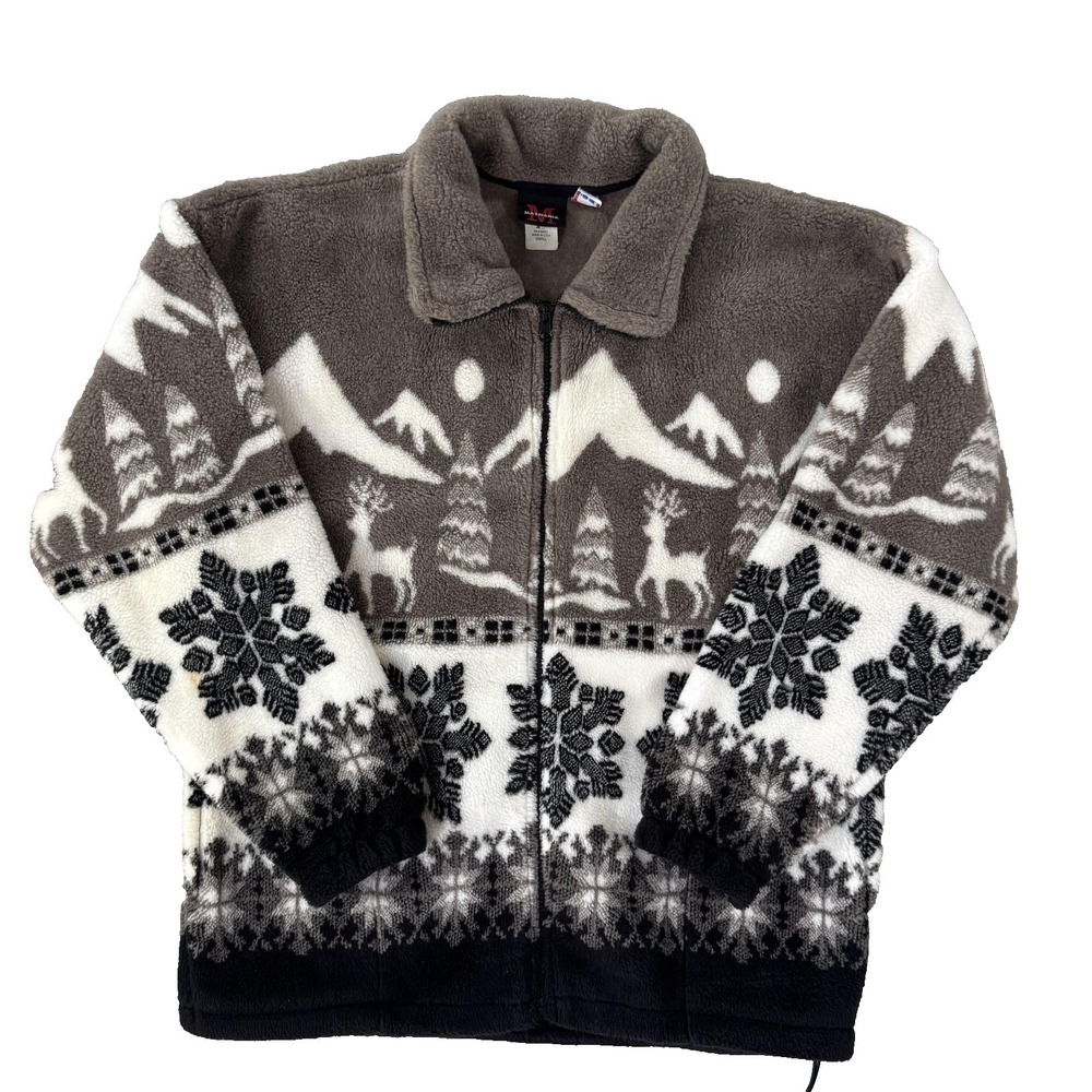 Vintage Marmania Jacket Mens Small Gray Fleece Fair Isle Reindeer Ski Winter